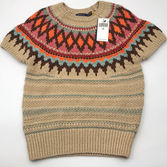 Polo Ralph Lauren Jacquard Short Sleeve Sweater Tan Multi Size XS - Picture 7 of 8